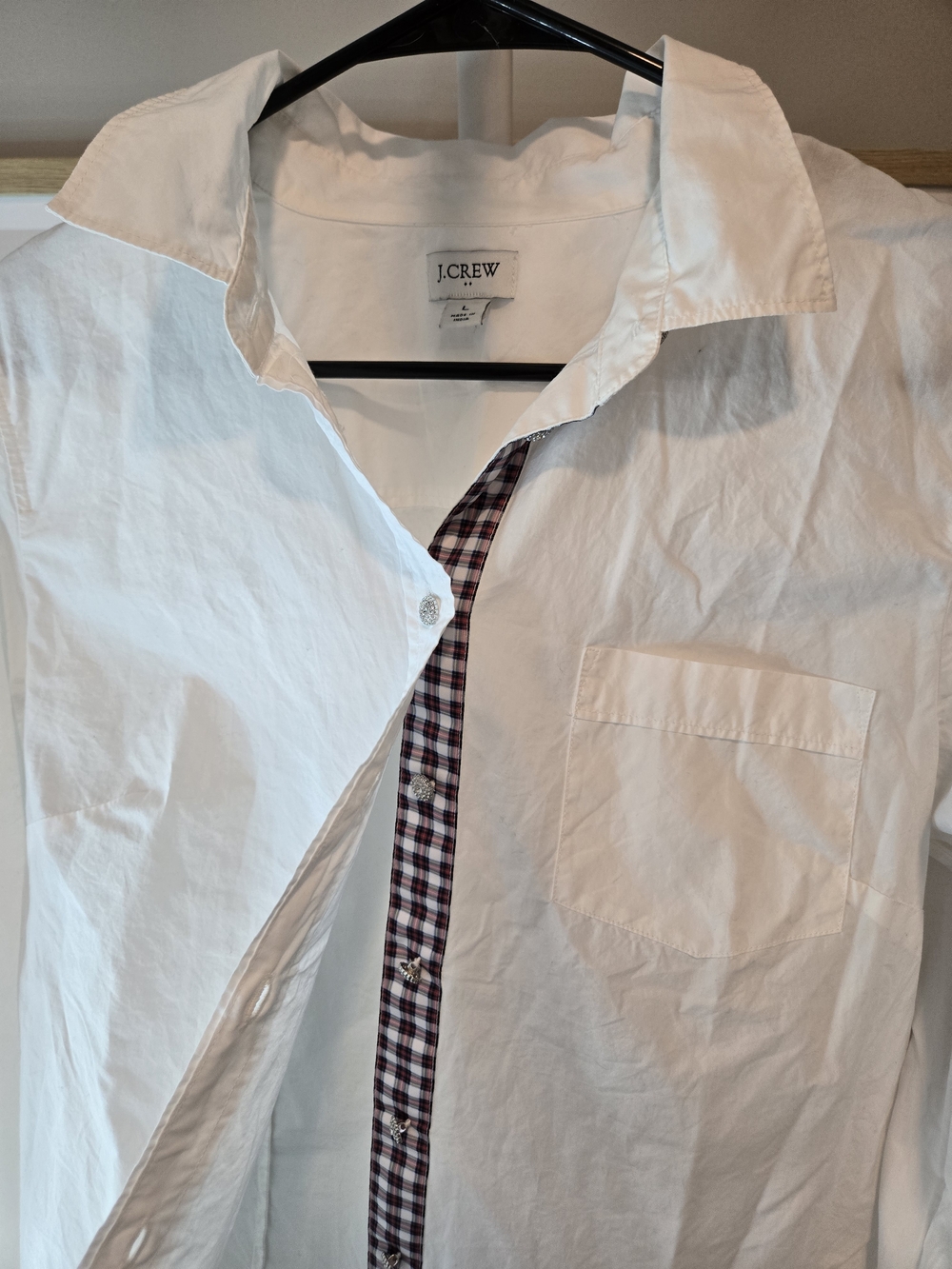 J. Crew White Button-Down Shirt with Burgundy & Navy Plaid Trim